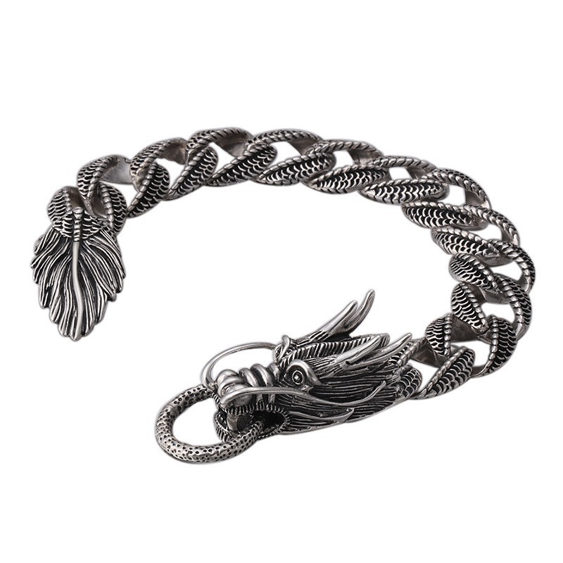 Real 925 Sterling Silver Dragon Curb Chain Bracelet Mens Biker Chain Handcrafted Retro Punk Men Bracelet Bangle