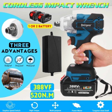 388vf 520N.M Brushless Cordless Electric Impact Wrench 1/2 inch Power Tools 15000Amh Li Battery Compatible Makita 18V Battery