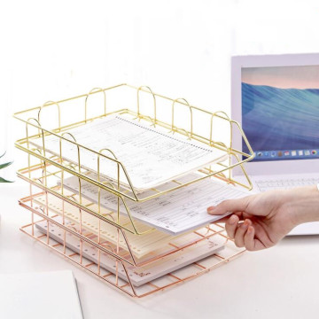 New Arrival Nordic Golden Metal Stackable Desk File Rack Iron Document Paper Trays Storage Basket Desktop Book Shelf Stationery