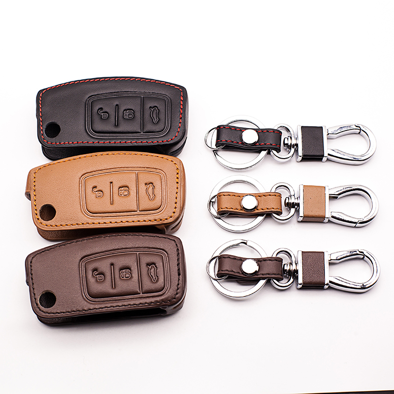 High quality car-covers 100% car leather key case genuine leather key chain ring cover for Ford Focus 2 MK2, 3 buttons Key Shel
