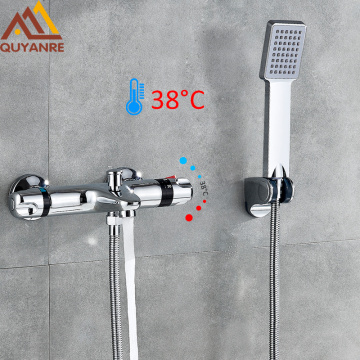 Quyanre Chrome Thermostatic Shower Faucets Wall Mounted Bathtub Dual Handles Thermostatic Shower Mixer Tap Bath Shower Set