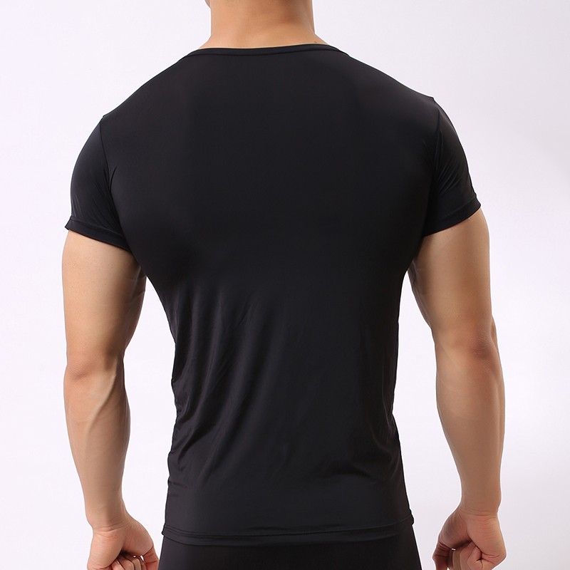 Sexy Ultra-thin Sheer Man Fitness Polyester Undershirts Gay Ice Silk V-neck Transparent Shirts 2017 New Fashion