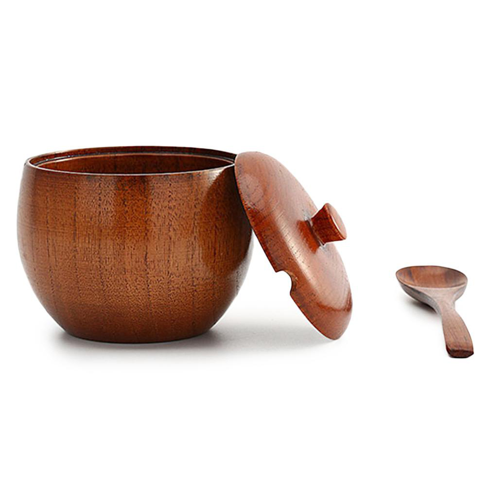 1Set Japanese Style Wooden Seasoning Pot Spice Jar with Spoon and Lid for Kitchen Home Kitchen Seasoning Box Salt Pepper Shakers