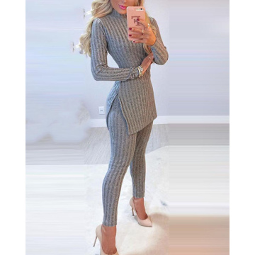 Winter Warm Solid Long Sleeve Slit Knitted Sweater With Skinny Long Pants Suit Women's Elegant 2 Piece Outfits Sets Leotard