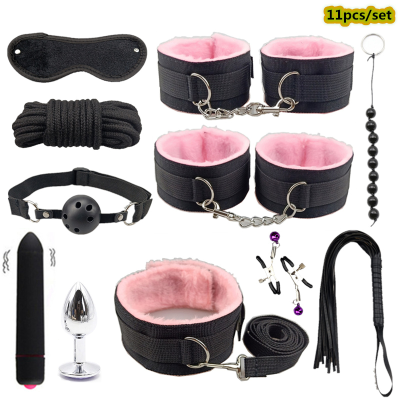High Quality BDSM Sex Bondage Restraints Set Handcuffs Whip Metal Anal Plug With Vibrator Sex Toys for Couples Adult Sex Product