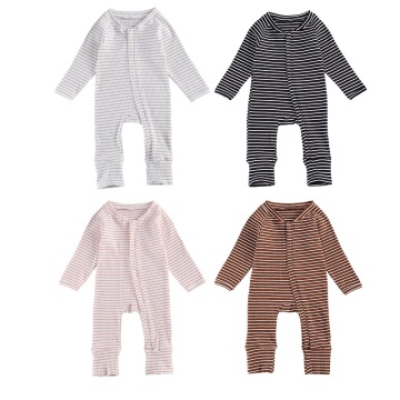 Infant Newborn Baby Romper, Striped V-Neck Long Sleeve Ribbed Jumpsuit for Kids, Black/Gray/Brown/Pink