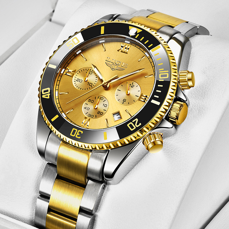 LIGE Men Watch Business Waterproof Date Watches Fashion Multifunction Stainless Steel Golden Quartz Watch Relogio Masculino+Box
