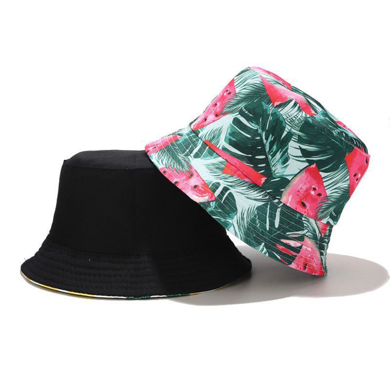 Unisex Summer Two Sides Wear Reversible Bucket Hat Bohemian Pineapple Watermelon Fruits Printing Foldable Fisherman Cap