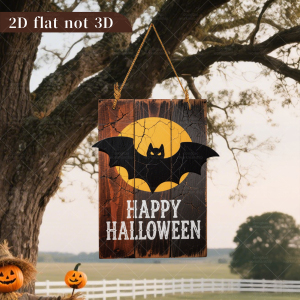 Full Moon Bat Halloween Wooden Door Hanger
