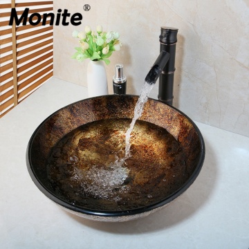 Monite Brown WashBasin Round Glass Vessel Sink Faucet Set Bathroom Glass Basin Black ORB Bamboo Waterfall Mixer Tap Faucet