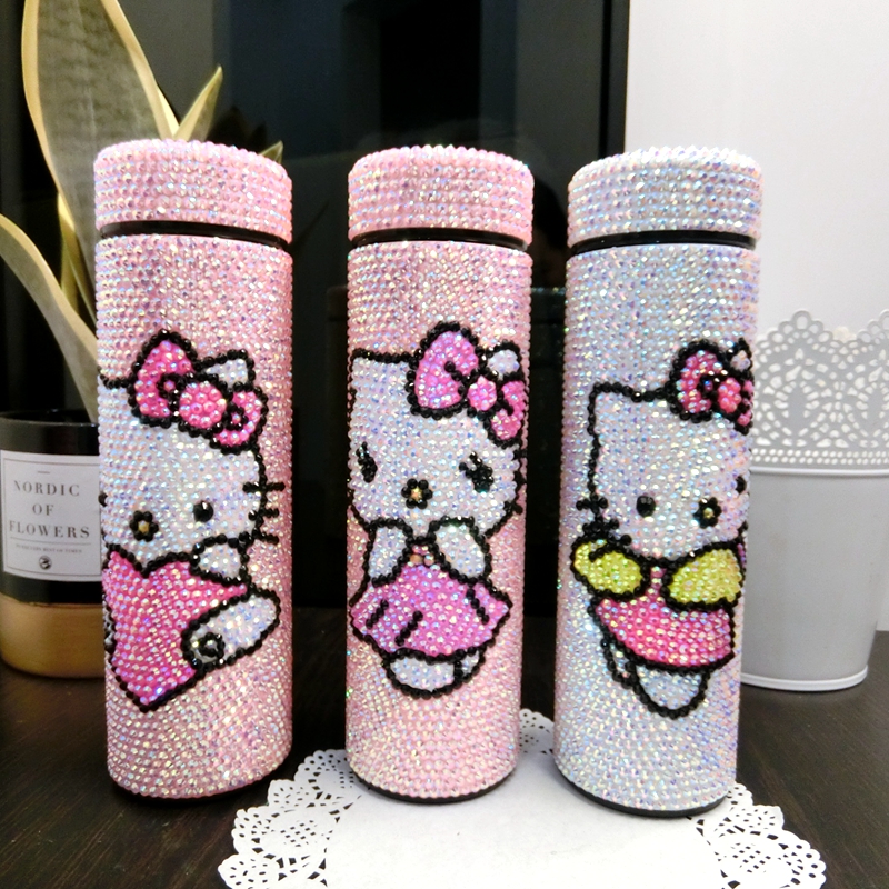 Rhinestones Vacuum Flasks Thermoses Stainless Steel Tumbler Water Bottles Kitty Kawaii Gifts for Kids Girls Insulated Tumbler