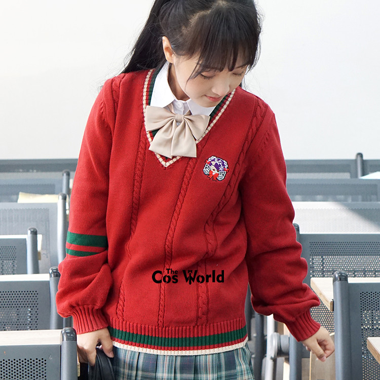 Christmas Gift New Year Autumn Winter Red Long Sleeve Knit Tops Pullovers V Neck Sweaters For JK School Uniform Student Clothes