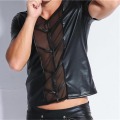 AIIOU Sexy Men Faux Leather T Shirts Male Fashion Funny Undershirts Erotic Men Black Tees Tight Shirts Gay Corset Mesh Club Wear