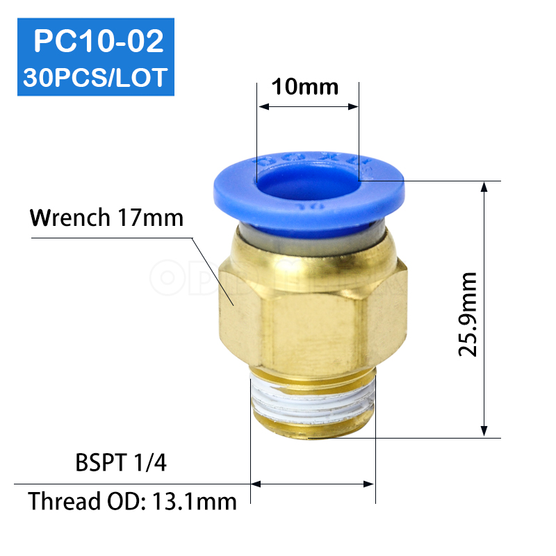 HIGH QUALITY 30pcs BSPT PC10-02, 10mm to 1/4" Pneumatic Connectors male straight one-touch fittings