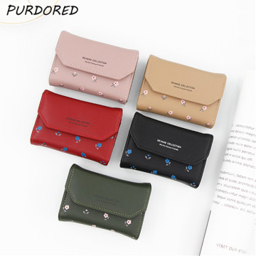 PURDORED 1 Pc Women Floral Card Holder PU Small Credit Card Holders Female Minimalist Wallet Zipper Coin Purse Cute ID Holders