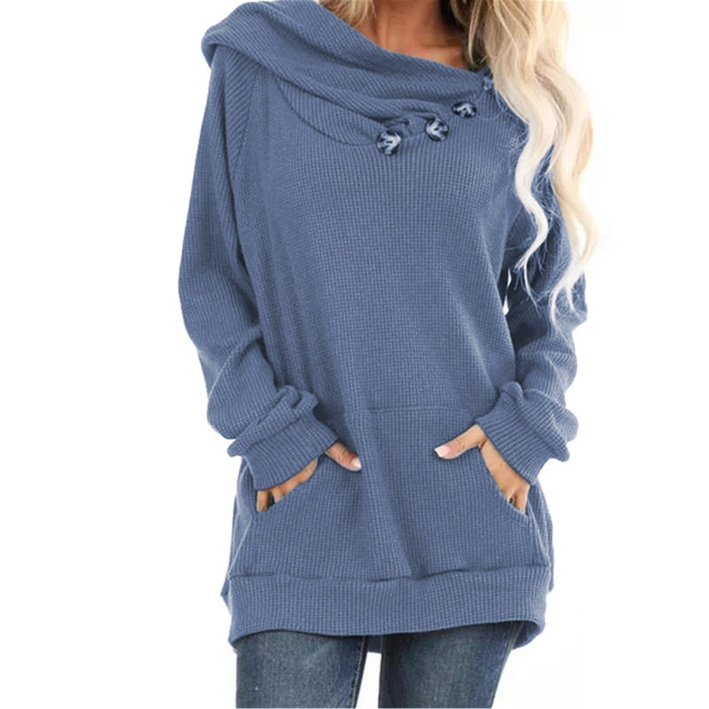 Women Hoodies Sweatshirt Solid-color Large Pocket Button Pleated Knit Hooded Long Sleeve Hoodies Sweatshirt Sudaderas Mujer