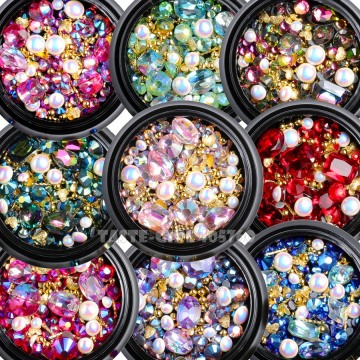 1 Jar Mix Shapes Glitter Diamond Pearls Metal Twisted Bar Beads Frosted Heart Nail Art Rhinestones Gems Decals Manicure DIY Tips