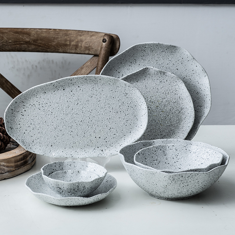 New Design Granite Pattern Ceramic Food Plate Dish Rice Salad Bowl Retro Porcelain Tray Household Tableware Dinner Plate Set