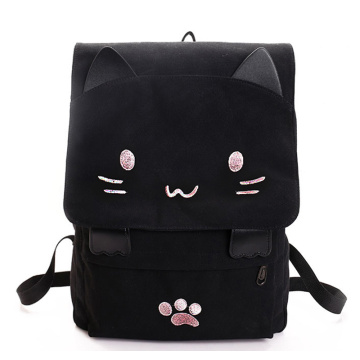 fashion Laptop Backpack Cute Cat Embroidery Canvas Student bag Cartoons Women Backpack Leisure School bag black&pink