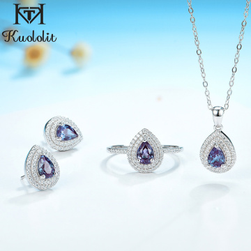 Kuololit Lab Alexandrite Gemstone Luxury Jewelry Set for Women Genuine 925 Sterling Silver Pendant Necklace Earrings Rings Fine