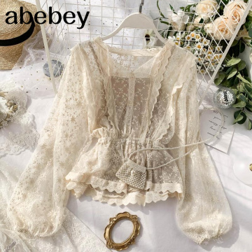 autumn lace blouse shirt ladies French retro palace lantern sleeves lotus leaf lace shirts 2019