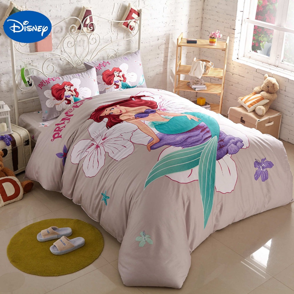 Disney Cartoon Bedding Sets Little Mermaid Ariel Pink for Childrens Girls Bedroom Decor Cotton Duvet Cover Set Queen Twin