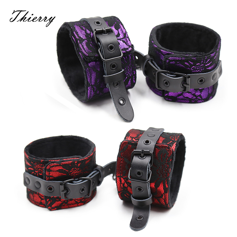 Thierry Adjustable Genuine Leather and Lace Handcuff Ankle Cuff Restraints Bondage Sex Toy SM Sex Fetish Exotic Accessories
