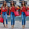 Fashion blouse Women's Off Shoulder flare Long sleeve red gorgeous flower Tops Shirt Casual Blouse Loose Crop female