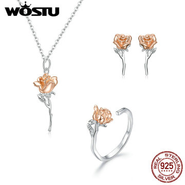 WOSTU 100% 925 Sterling Silver Rose Gold Flower Ring Jewelry Set Necklace & Studing Earring For Women Wedding Luxury Jewelry