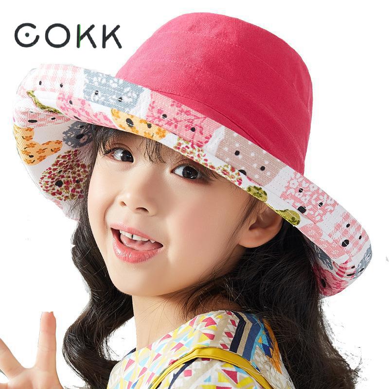 COKK Children Spring Summer Hats For Girls Cartoon Double Side Bucket Hat Kids Fishing Hat Cotton Wide Brim Outdoor Beach Hat