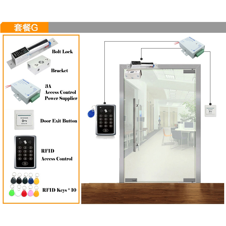 RFID Access Control System Kit Wooden Glasses Door Set+Electric Magnetic Lock+ID Card Keytab+Power Supplier+Exit Button