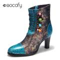 SOCOFY Bohemian Style Vintage Leather Women's High Heels Ladies Ankle Boot Hand-painted Printed Flannel Lining Zip Women Boots
