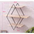 Rhombus wrought iron wooden wall book shelf rack, retro solid wood board wall mount, creative wall partition