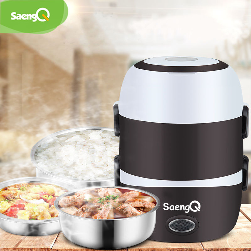 saengQ Electric Rice Cooker Stainless Steel 2/3 Layers Steamer Portable Meal Thermal Heating Lunch Box Food Container Warmer