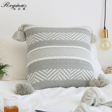 REGINA Boho Decor Knitted Cushion Cover Gray Stripe Tassel Design 100% Cotton Super Soft Sofa Car Nordic Throw Pillow Cover Case