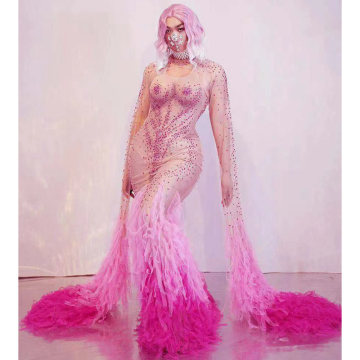 Rhinestone Rose Pink Mesh Fringe Tail Floor-length Dress Women Birthday Celebrate Prom Nightclub Outfit Sexy Stage Show Wear