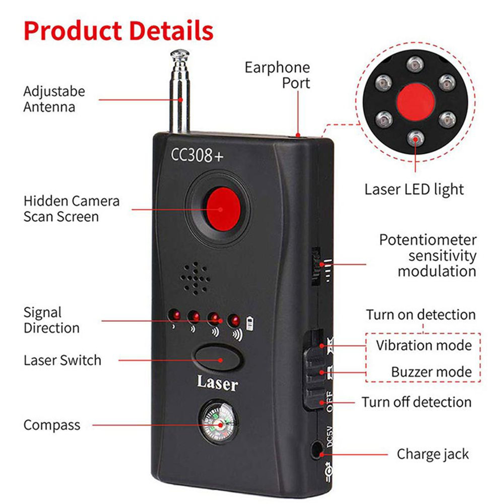 Wireless camera signal detector, multi-function CC308 + radio wave signal camera detector full range wifi RF GSM device finder