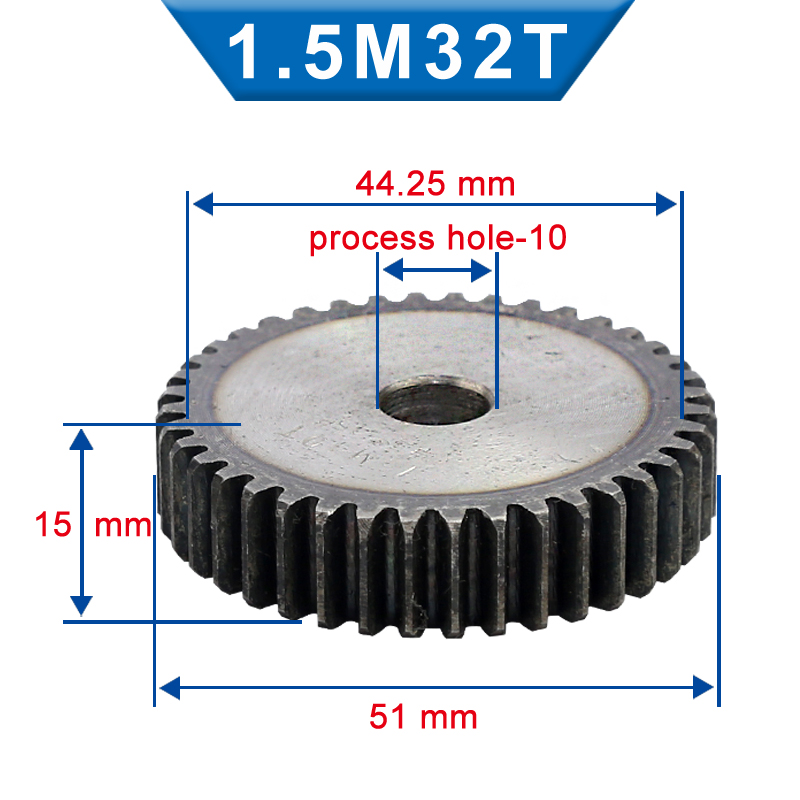 1 Piece 1.5M Spur Gear 32/33/34/35 Teeth 10 mm Process Hole Gear Wheel Low Carbon Steel Material Flat Gear Total Height 15 mm