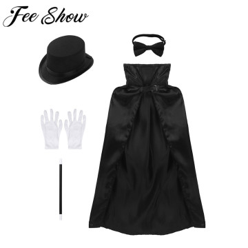 Kids Magician Wizard Role-playing Games Costume Outfit Boys Girls Cape Hat Magic Wand Gloves Necktie Set for Halloween Cosplay