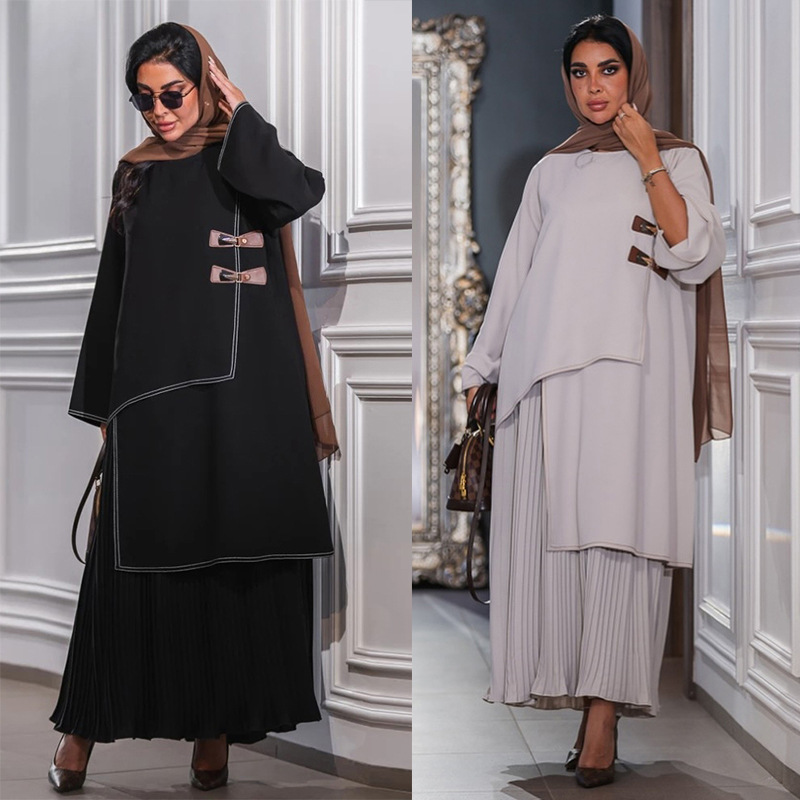 Pleated Hem Buckle Modest Abaya Dress