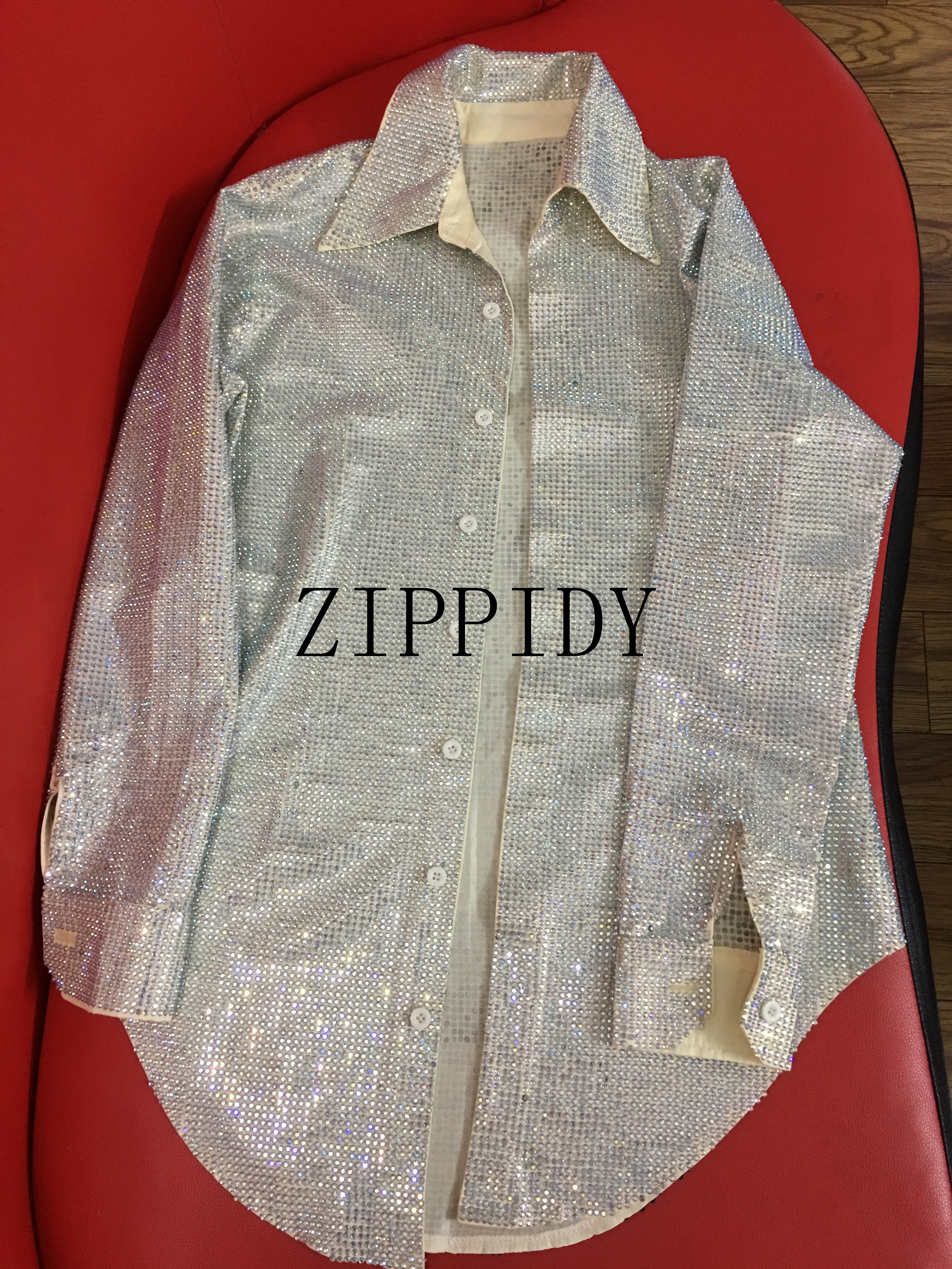 Sparkly AB Crystals Shirt Sexy Evening Jacket Luxury Party Dress Glisten Rhinestones Costume Super Design Stage Performance Wear