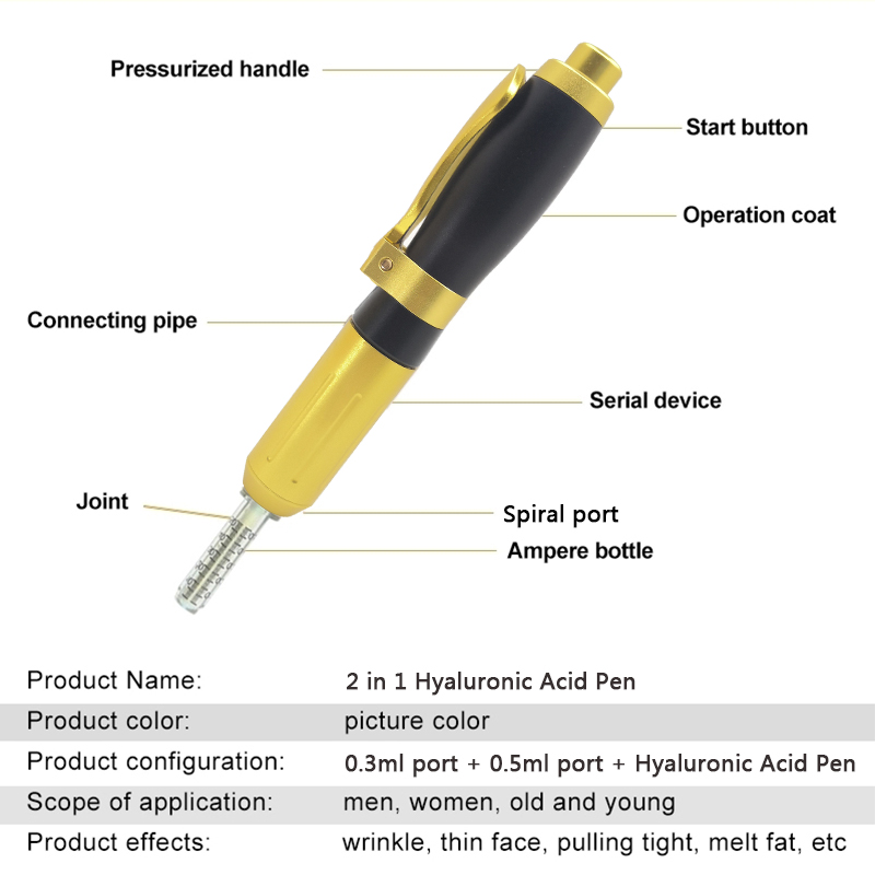 0.3ml &0.5ml Hyaluronic Injection Pen Lip Filler Meso Atomizer Pen Kit Head Gold Injection Acid Guns Anti Wrinkle Syringe Needle