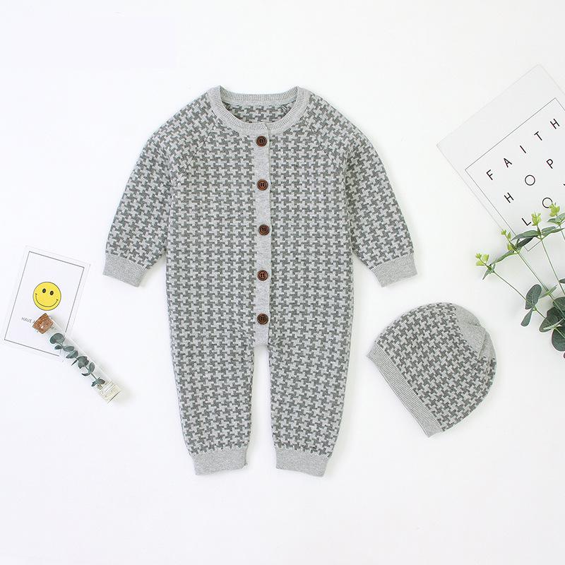 2pcs Knitted Newborn Baby Clothes Cotton Spring Autumn Baby Romper With Plaid Hat Infant Toddler Jumpsuit Girls Boys Set