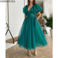 HONGFUYU Teal Green Dotted Tulle Prom Cocktail Dresses Tea Length A-line Evening Gowns Puff Sleeves Buttoned Top robe de soirée