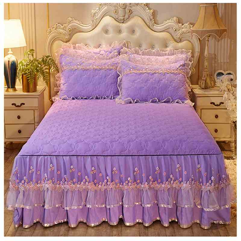 Winter Warm Thicker Quilted Lace Princess Bedspread Bed Skirt Pillowcases With Cotton Korean Bed Fitted Sheet Mattress Cover