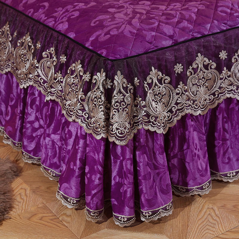 High-grade Bedding Bed Skirts Pillowcases Velvet Thick Warm Lace Bedspread Bed Sheets Princess Purple Mattress Cover King Queen