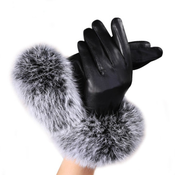 New Arrival Winter Gloves Women Touch Screen Waterproof Outdoor Leather Lady Black Leather Gloves Winter Warm Rabbit Fur Mittens