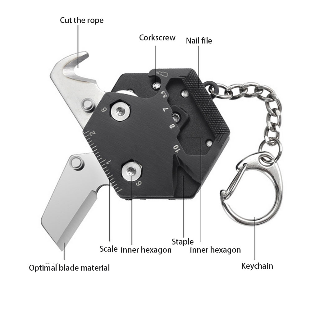 Multitool Keychain Hexagonal Kit Folding Mini Pocket Survival Tool Set Stainless Steel with Knife Micro Screw Driver Set Bottle