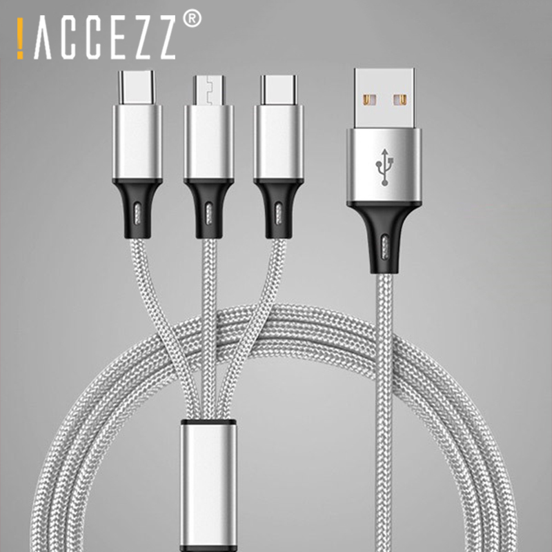 !ACCEZZ 3 in 1 Micro USB Type-C Lighting Charging Cables For iPhone 8 6s Plus X Xiaomi Samsung Universal Phone Charge Cable 1.2M
