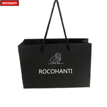 100x Custom LOGO Printed Cotton Handle Black Shopping Paper Gift Bags for Cosmetic Jewelry Clothes Packaging Wedding Party Favor